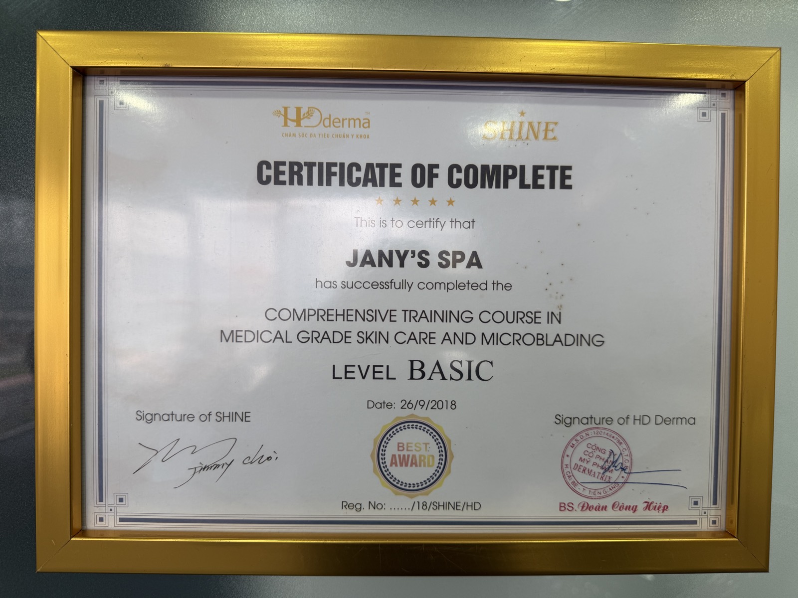 Certificate of Complete — Medical Grade Skin Care & Microblading (Level Basic)