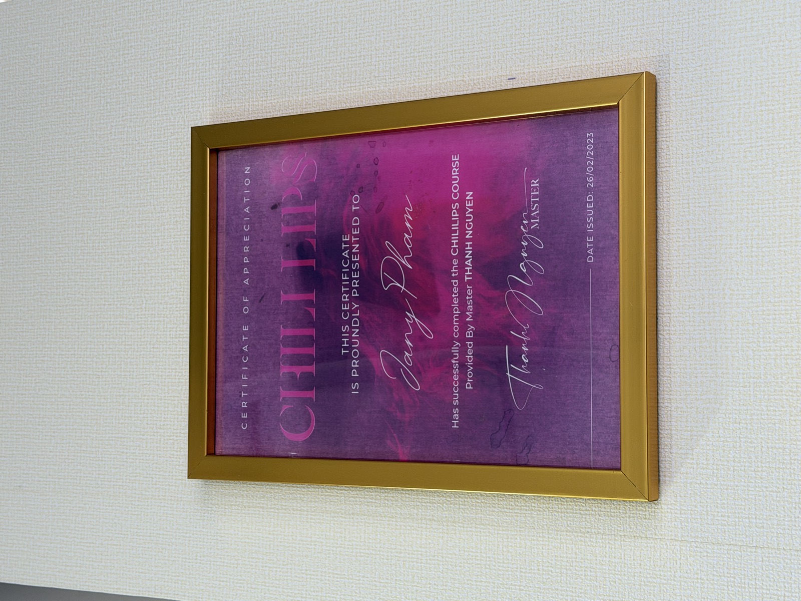 Certificate of Appreciation — Chili Lips Course
