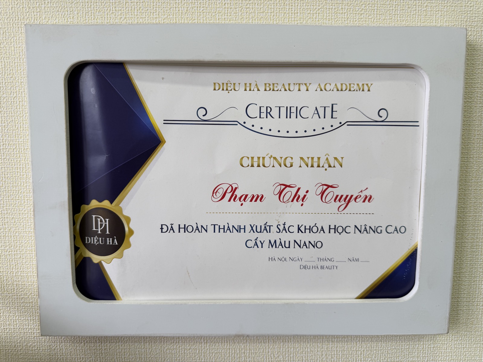 Chứng nhận hoàn thành xuất sắc khóa học nâng cao — Cấy màu Nano